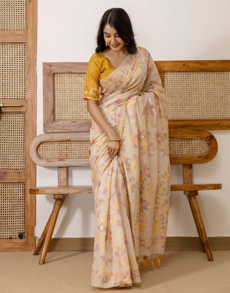 Beige Cotton Woven Saree