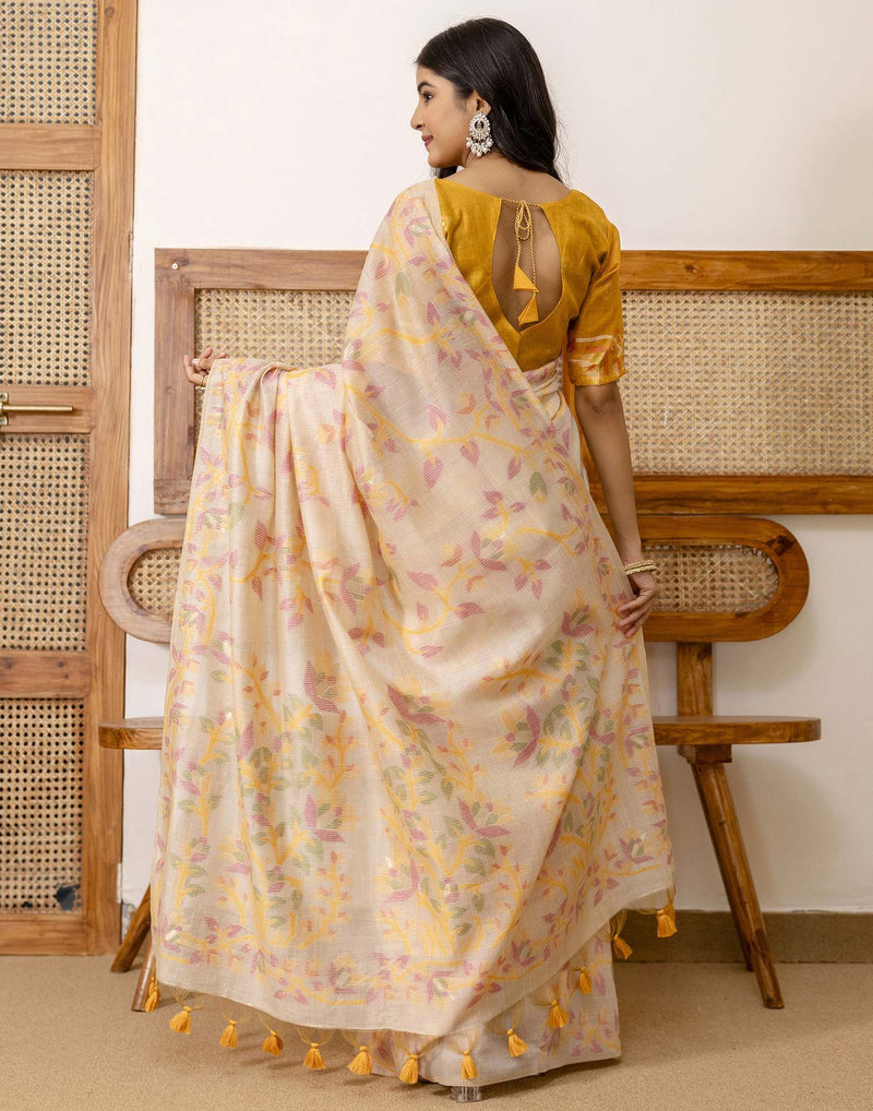 Beige Cotton Woven Saree