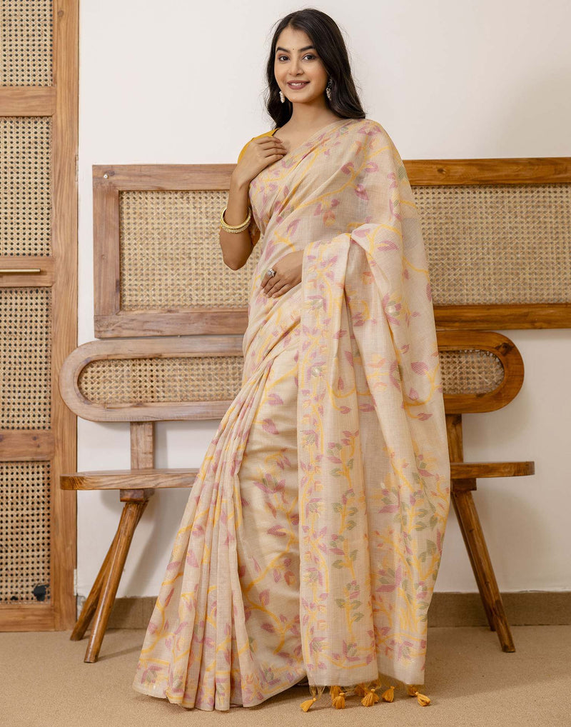 Beige Cotton Woven Saree