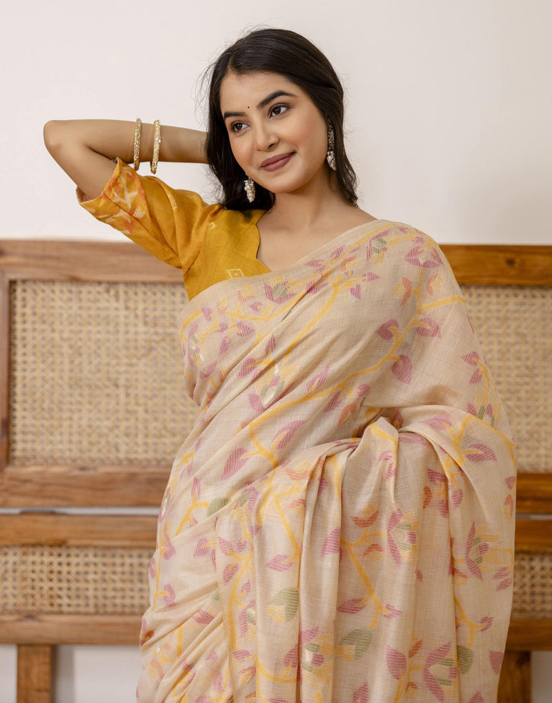 Beige Cotton Woven Saree