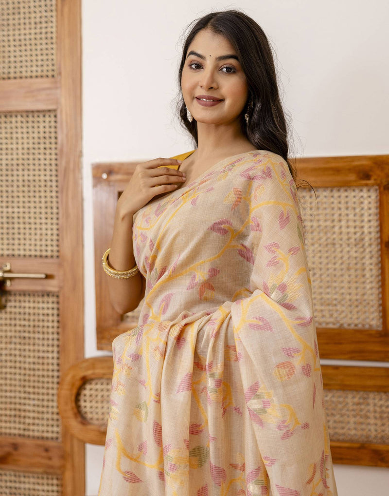 Beige Cotton Woven Saree