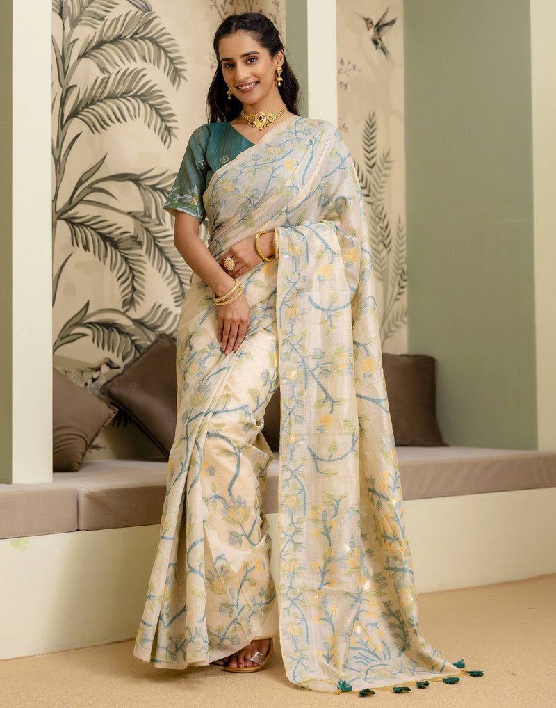 Beige Cotton Woven Saree
