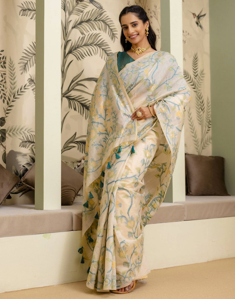 Beige Cotton Woven Saree