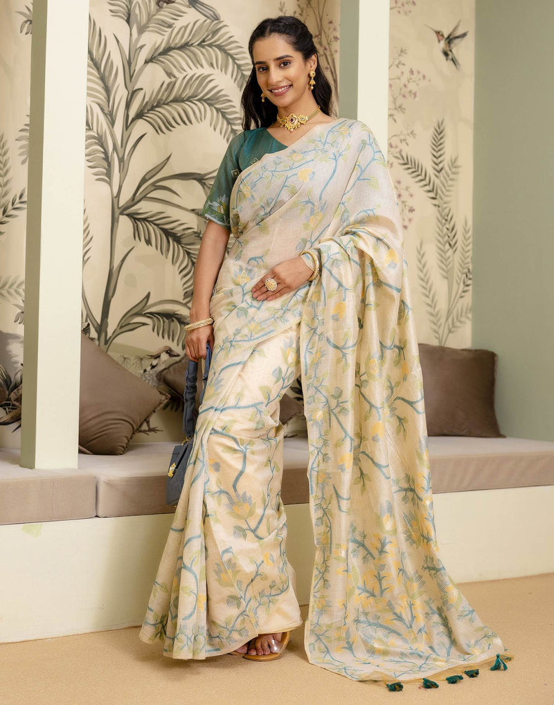 Beige Cotton Woven Saree