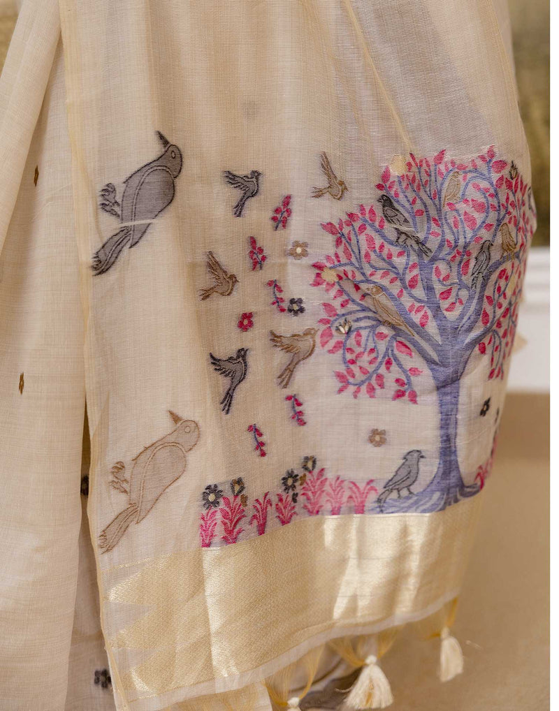 Beige Cotton Woven Saree