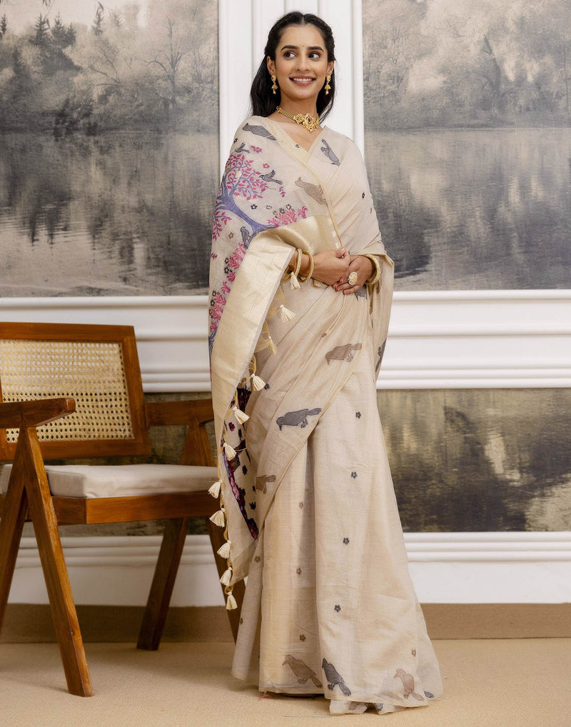 Beige Cotton Woven Saree