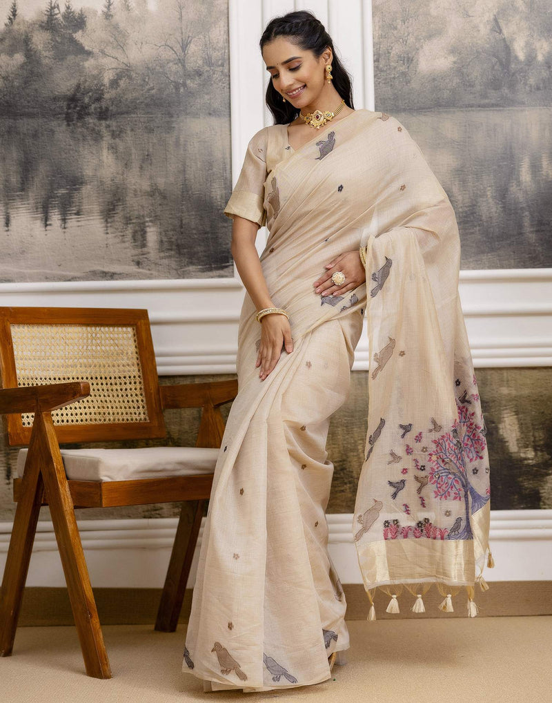 Beige Cotton Woven Saree