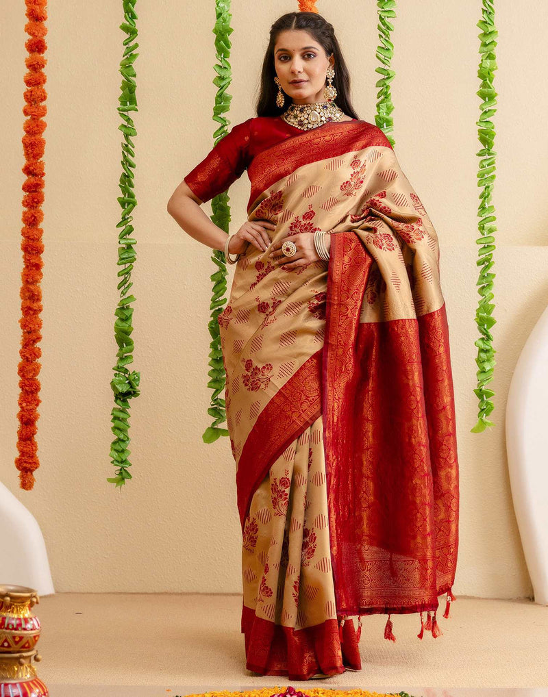 Beige Silk Woven Saree