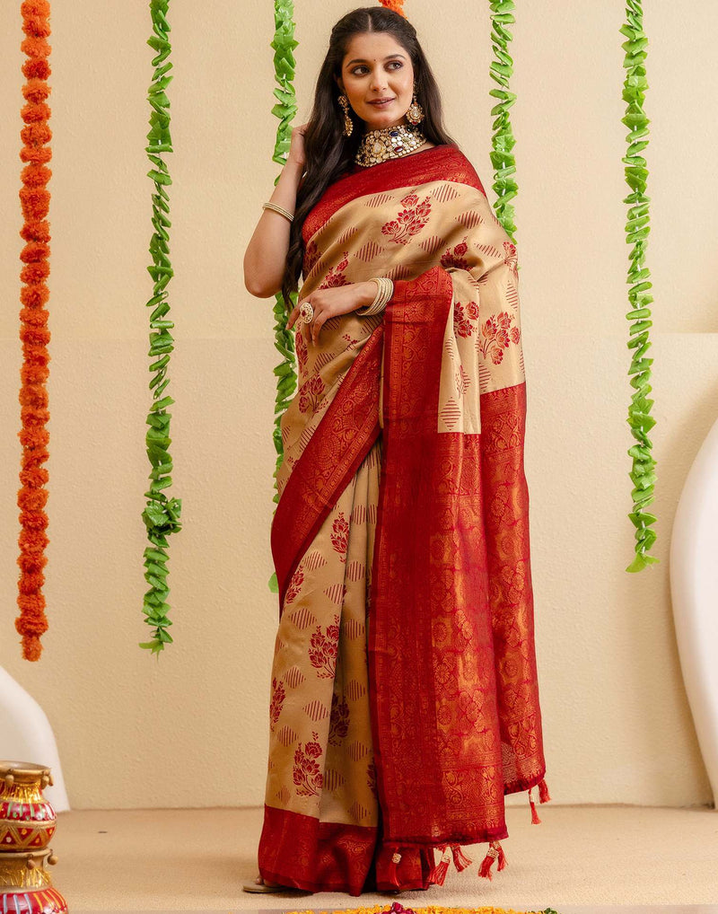Beige Silk Woven Saree