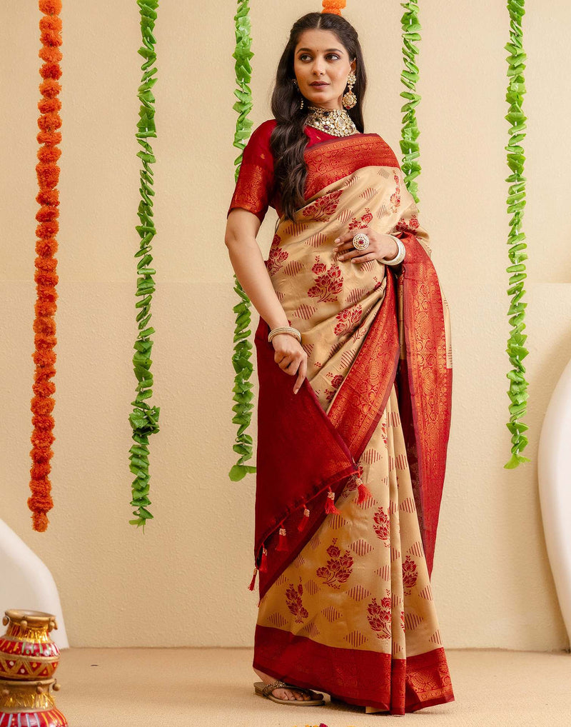 Beige Silk Woven Saree
