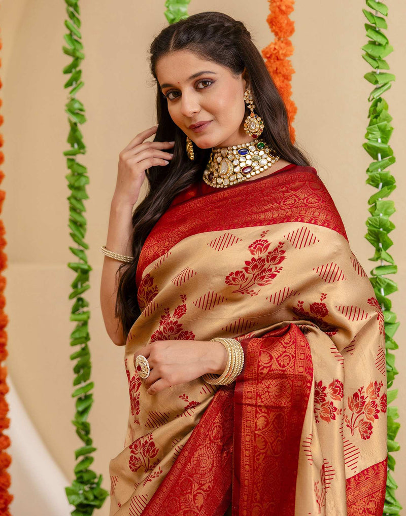 Beige Silk Woven Saree