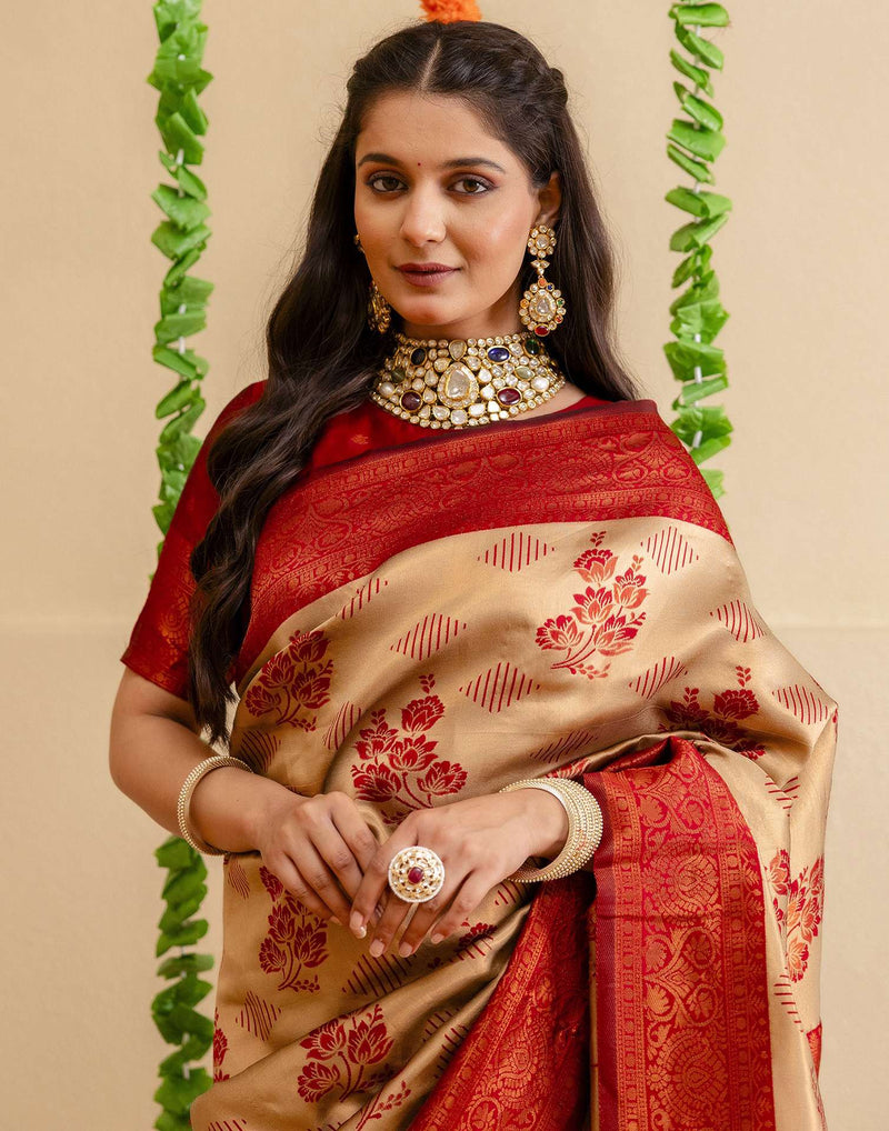 Beige Silk Woven Saree