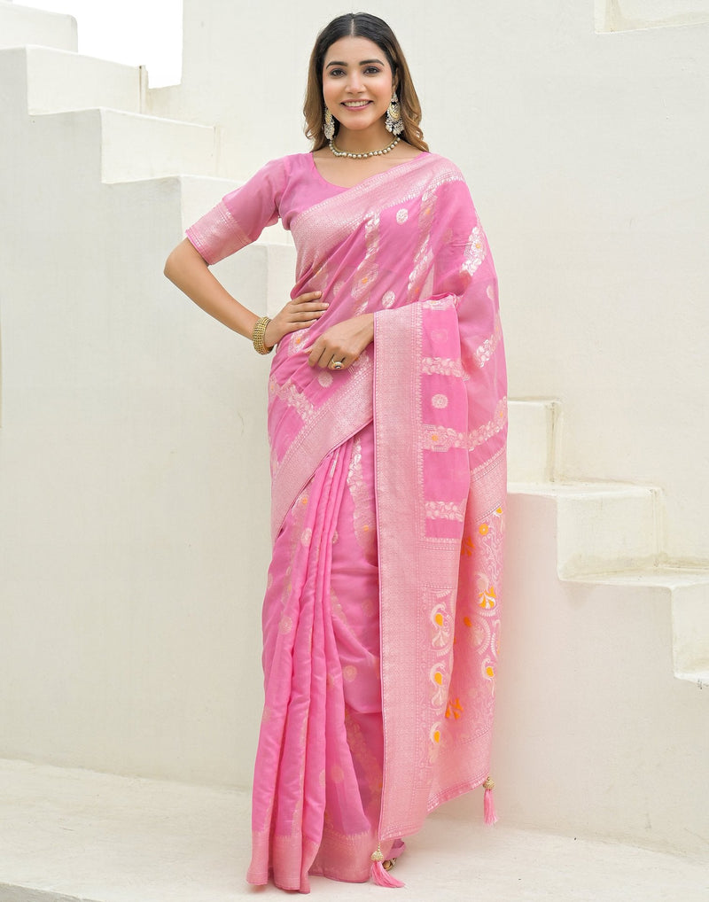 Baby Pink Chanderi Woven Saree
