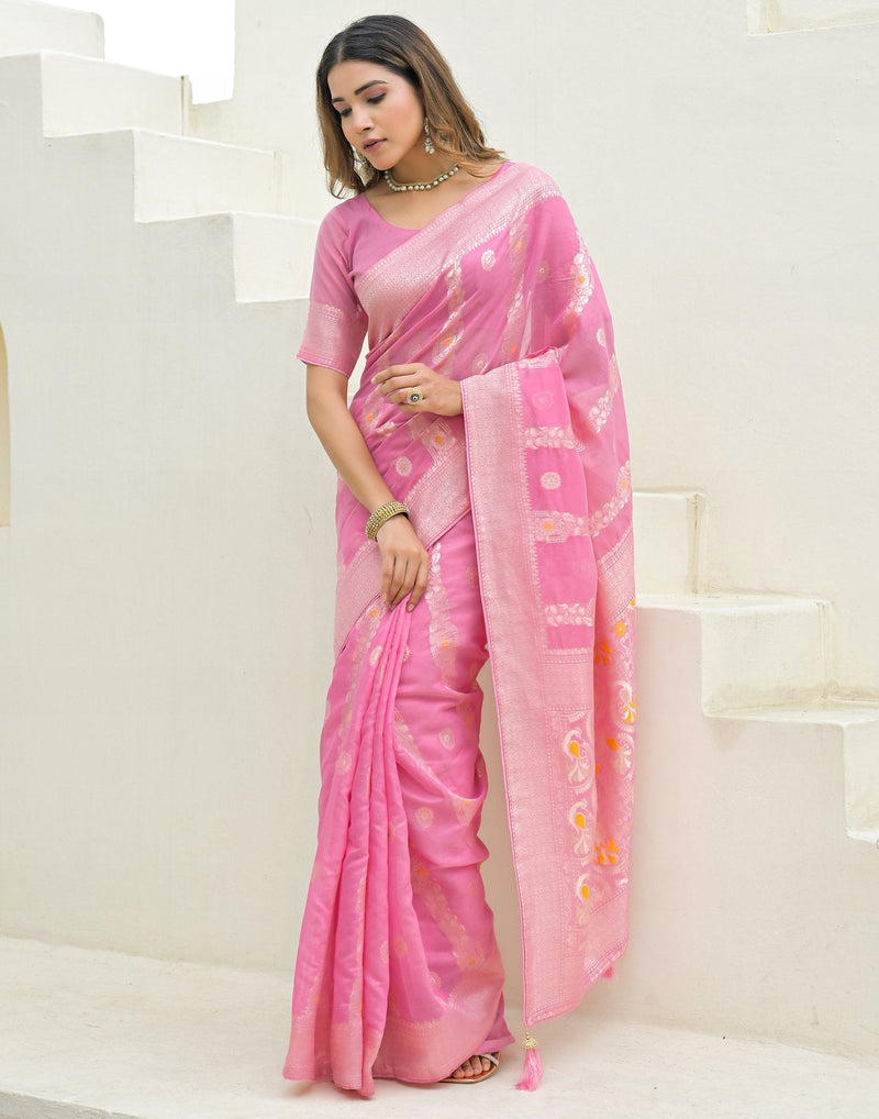 Baby Pink Chanderi Woven Saree