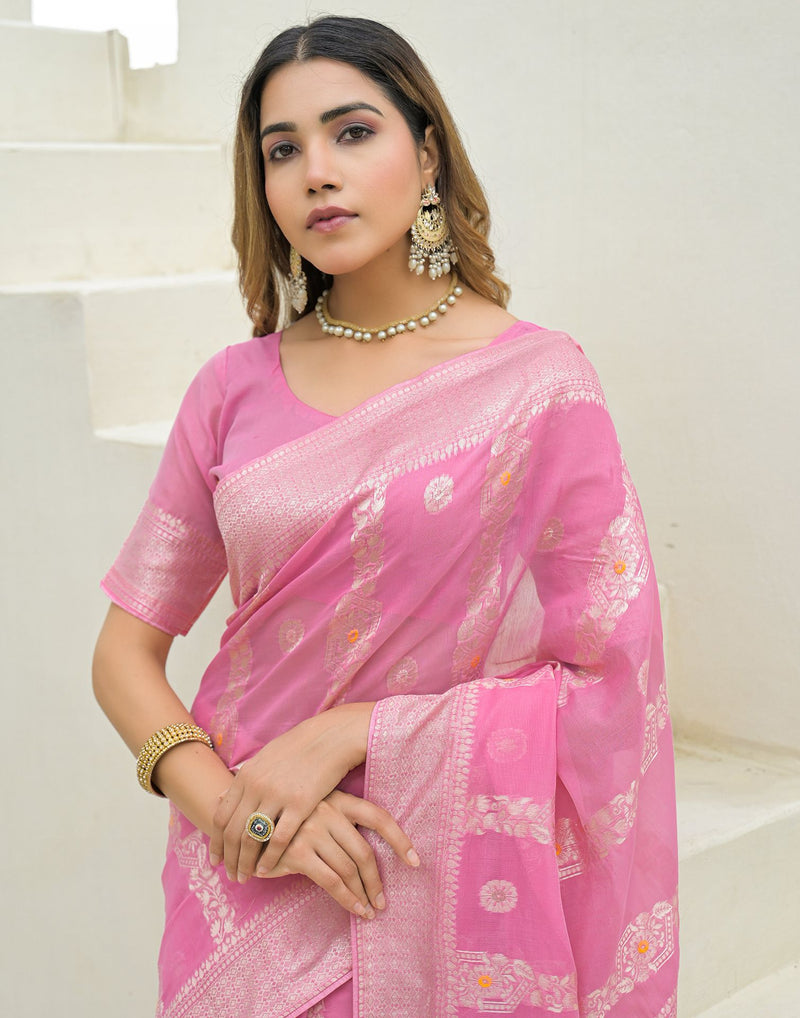 Baby Pink Chanderi Woven Saree