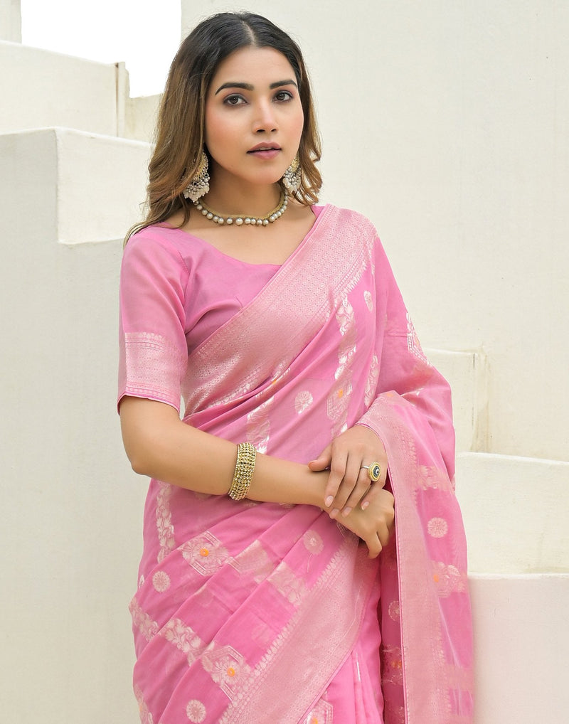 Baby Pink Chanderi Woven Saree