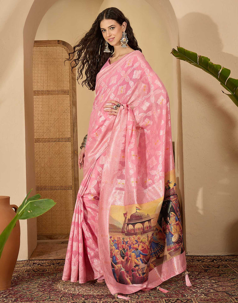 Baby Pink Chanderi Woven Saree