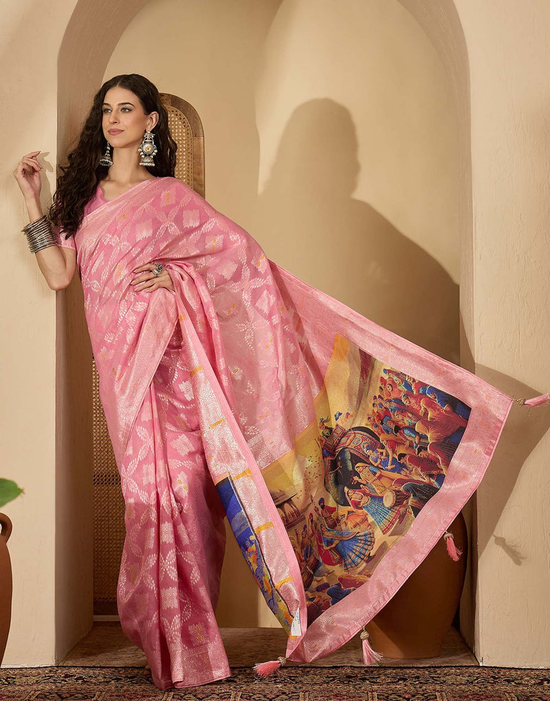 Baby Pink Chanderi Woven Saree