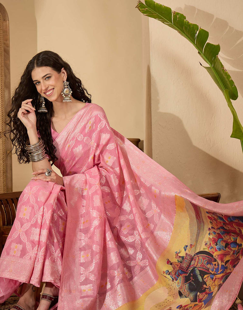 Baby Pink Chanderi Woven Saree