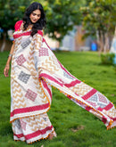 Off White Chanderi Printed Saree