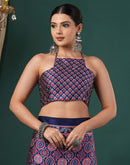 Navy Blue Satin Printed Saree
