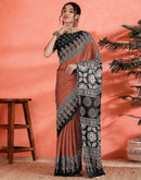 Brown Satin Printed Saree