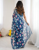 Navy Blue Linen Printed Saree