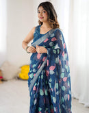 Navy Blue Linen Printed Saree