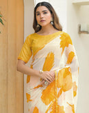Off White Chiffon Printed Saree