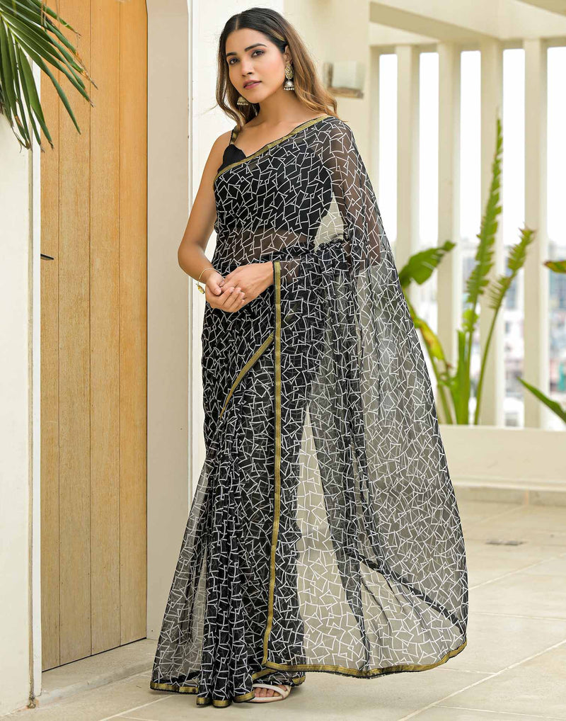Black Chiffon Printed Saree