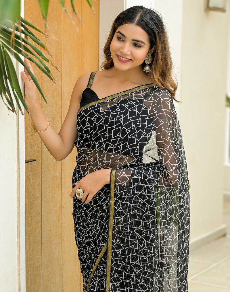 Black Chiffon Printed Saree