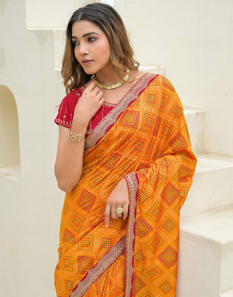Yellow Silk Printed Bandhani Saree