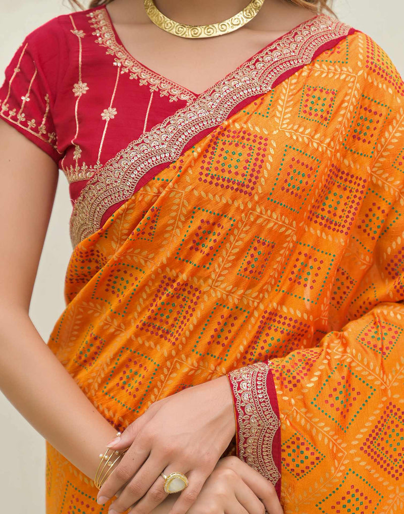 Yellow Silk Printed Bandhani Saree