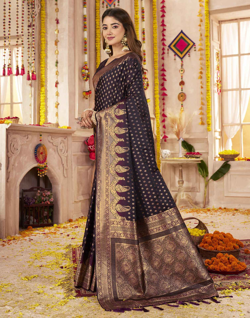 Wine Silk Woven Banarasi Saree