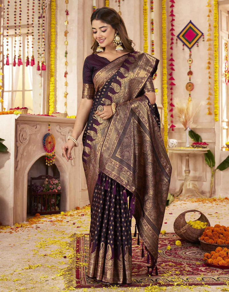 Wine Silk Woven Banarasi Saree