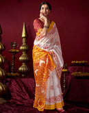 Off White Chanderi Printed Durga Puja Saree