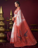 Off White Chanderi Printed Durga Puja Saree