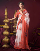Off White Chanderi Printed Durga Puja Saree