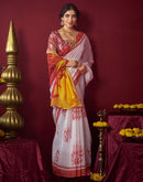 Off White Chanderi Printed Durga Puja Saree