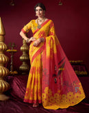 Yellow Chanderi Printed Durga Puja Saree