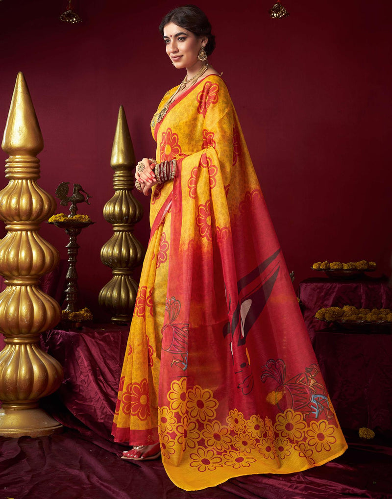 Yellow Chanderi Printed Durga Puja Saree