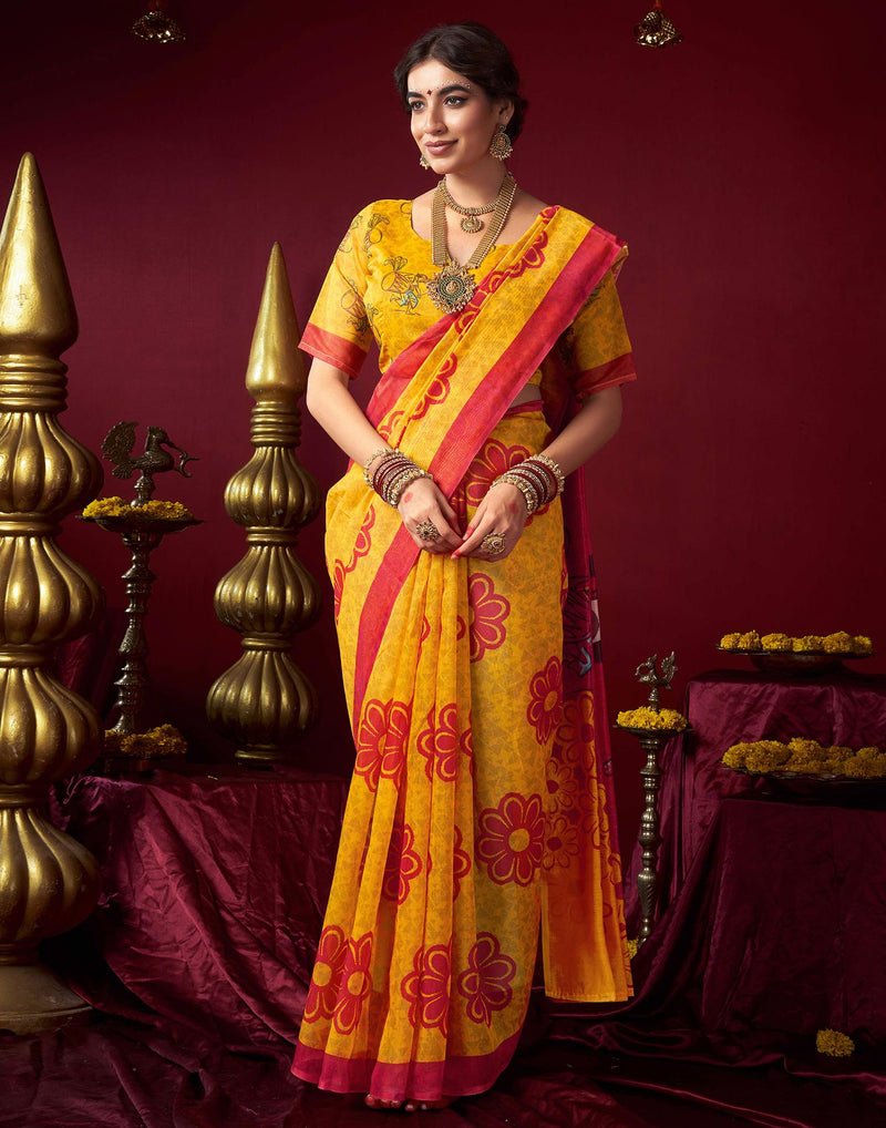 Yellow Chanderi Printed Durga Puja Saree