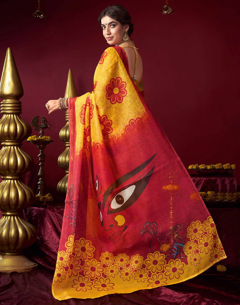 Yellow Chanderi Printed Durga Puja Saree
