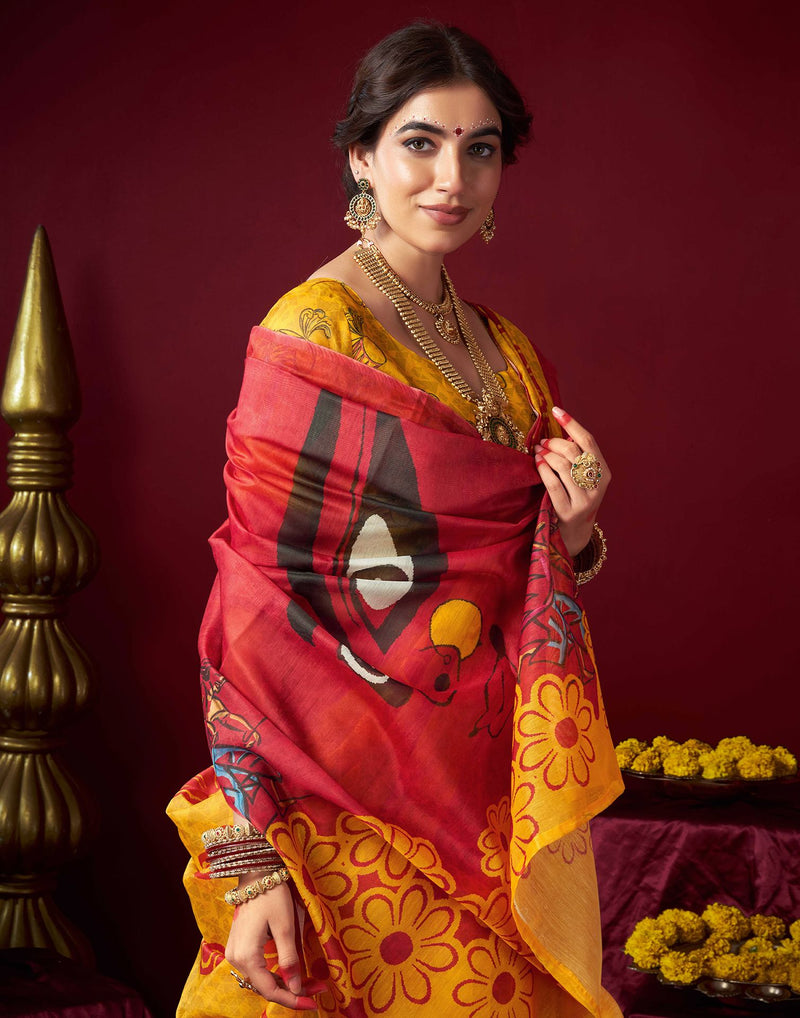 Yellow Chanderi Printed Durga Puja Saree