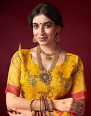 Yellow Chanderi Printed Durga Puja Saree