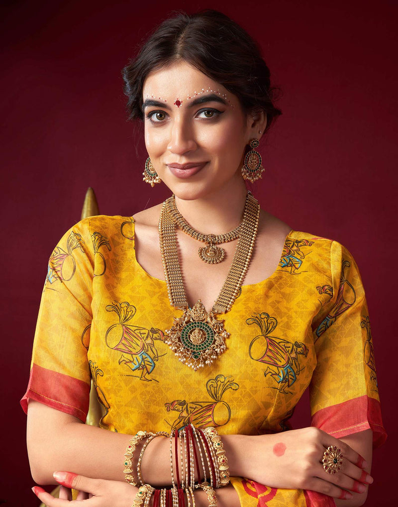 Yellow Chanderi Printed Durga Puja Saree