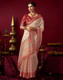 Cream Chanderi Printed Saree