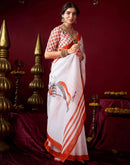 White Chanderi Printed Durga Puja Saree