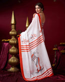 White Chanderi Printed Durga Puja Saree