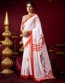 White Chanderi Printed Durga Puja Saree